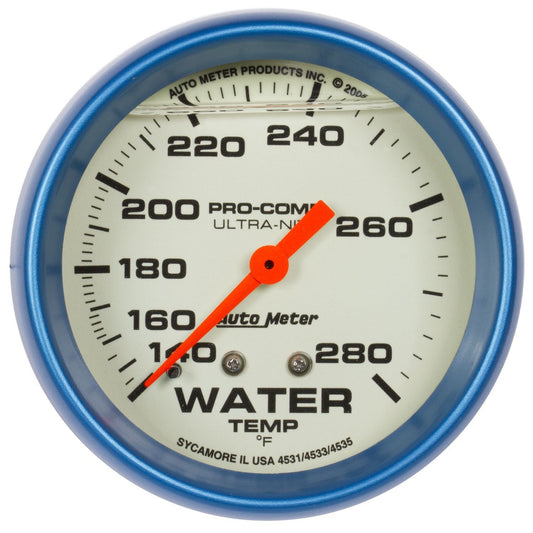 Water Temperature Gauge - Ultra-Nite - 140-280 Degree F - Mechanical - Analog - Full Sweep - 2-5/8 in Diameter - Liquid Filled - White Face - Each