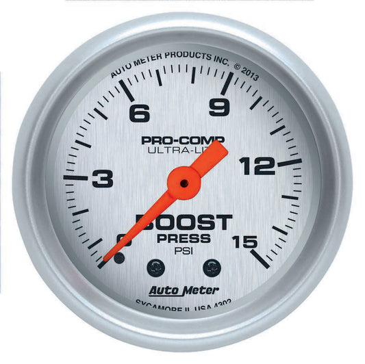 Boost Gauge - Ultra-Lite - 0-15 psi - Mechanical - Analog - 2-1/16 in Diameter - Silver Face - Each