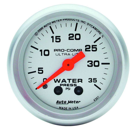 Water Pressure Gauge - Ultra-Lite - 0-35 psi - Mechanical - Analog - 2-1/16 in Diameter - Silver Face - Each