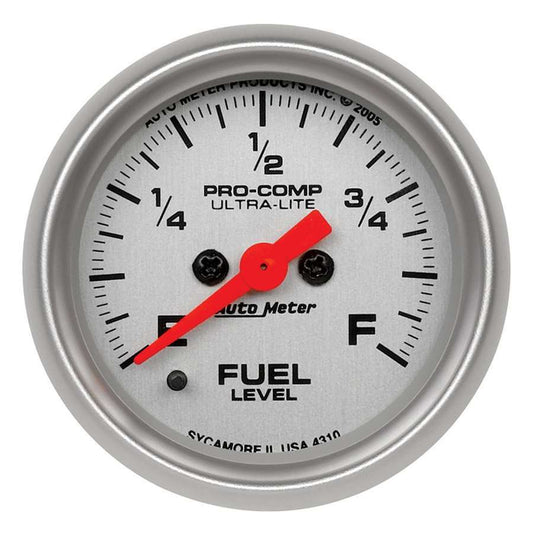 Fuel Level Gauge - Ultra-Lite - 0-280 ohm - Electric - Analog - Full Sweep - 2-1/16 in Diameter - Programmable - Silver Face - Each