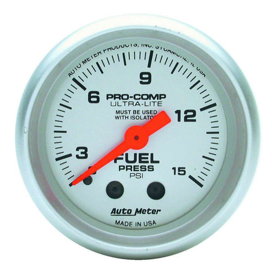 Fuel Pressure Gauge - Ultra-Lite - 0-15 psi - Mechanical - Analog - Full Sweep - 2-1/16 in Diameter - Silver Face - Each