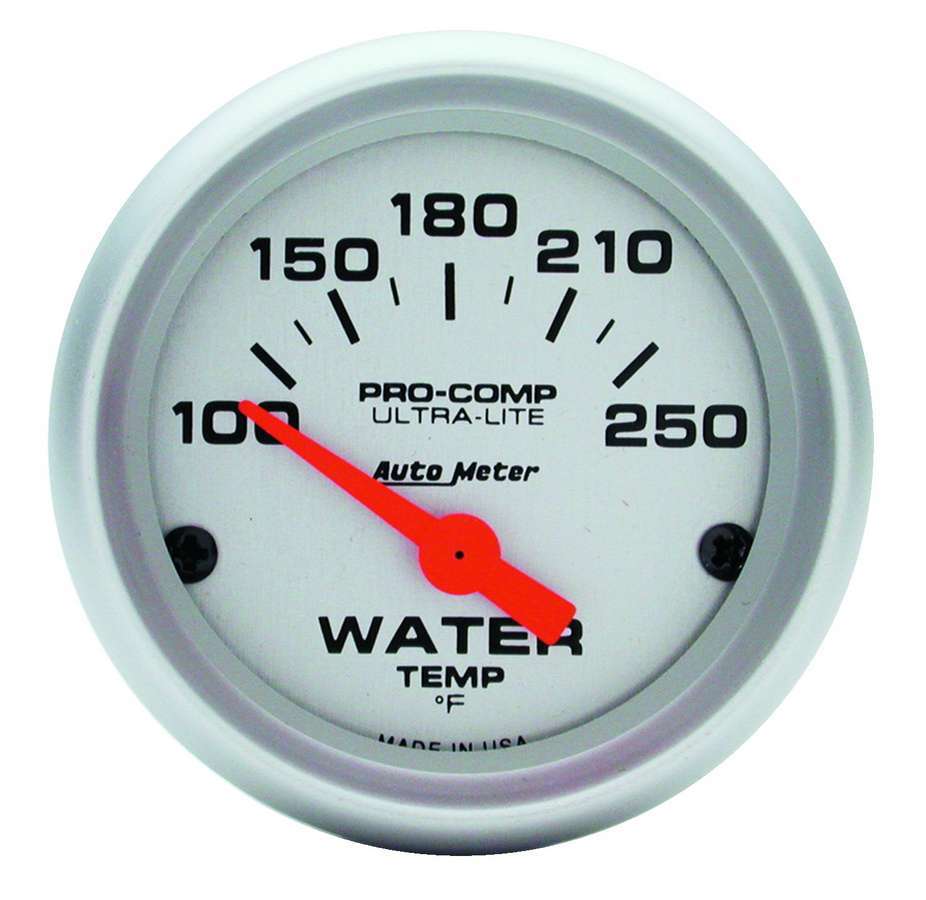 Water Temperature Gauge - Ultra-Lite - 100-250 Degree F - Electric - Analog - Short Sweep - 2-1/16 in Diameter - Silver Face - Each