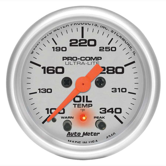 Oil Temperature Gauge - Ultra-Lite - Stepped Motor - 100-340 Degree F - Electric - Analog - Full Sweep - 2-1/16 in Diameter - Silver Face - Each