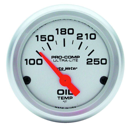 Oil Temperature Gauge - Ultra-Lite - 100-250 Degree F - Electric - Analog - Short Sweep - 2-1/16 in Diameter - Silver Face - Each