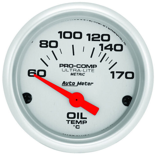 Oil Temperature Gauge - Ultra-Lite - 60-170 Degree C - Electric - Analog - Short Sweep - 2-1/16 in Diameter - Silver Face - Each