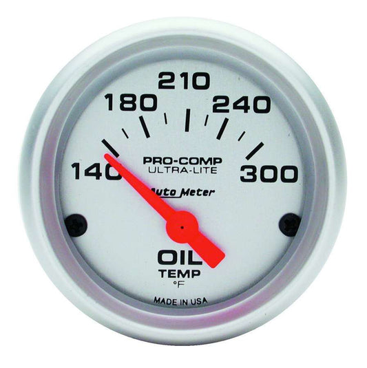 Oil Temperature Gauge - Ultra-Lite - 140-300 Degree F - Electric - Analog - Short Sweep - 2-1/16 in Diameter - Silver Face - Each