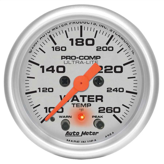 Water Temperature Gauge - Ultra-Lite - 100-260 Degree F - Electric - Analog - Full Sweep - 2-1/16 in Diameter - Peak and Warn - Silver Face - Each