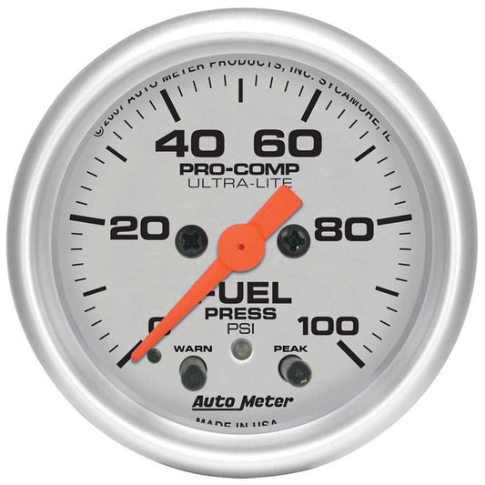 Fuel Pressure Gauge - Ultra-Lite - 0-100 psi - Electric - Analog - Full Sweep - 2-1/16 in Diameter - Silver Face - Each
