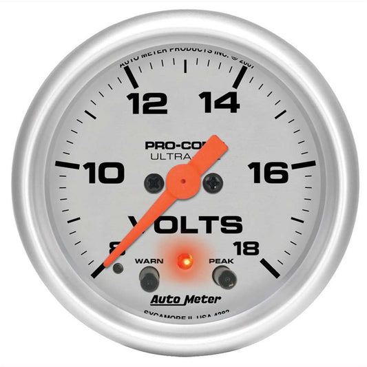 Voltmeter - Ultra-Lite - 8-18V - Electric - Analog - Full Sweep - 2-1/16 in Diameter - Peak and Warn - Silver Face - Each