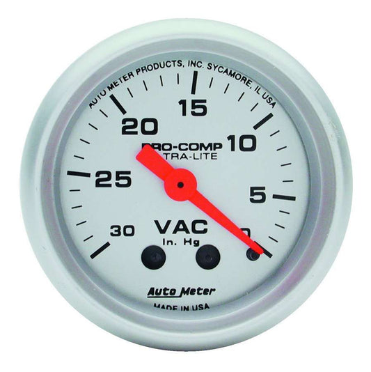 Vacuum Gauge - Ultra-Lite - 0-30 in HG - Mechanical - Analog - 2-1/16 in Diameter - Silver Face - Each