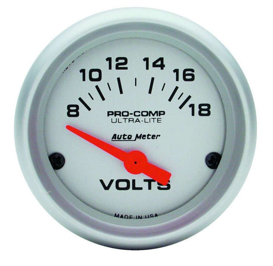 Voltmeter - Ultra-Lite - 8-18V - Electric - Analog - Short Sweep - 2-1/16 in Diameter - Silver Face - Each