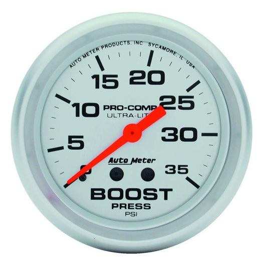 Boost Gauge - Ultra-Lite - 0-35 psi - Mechanical - Analog - 2-5/8 in Diameter - Silver Face - Each