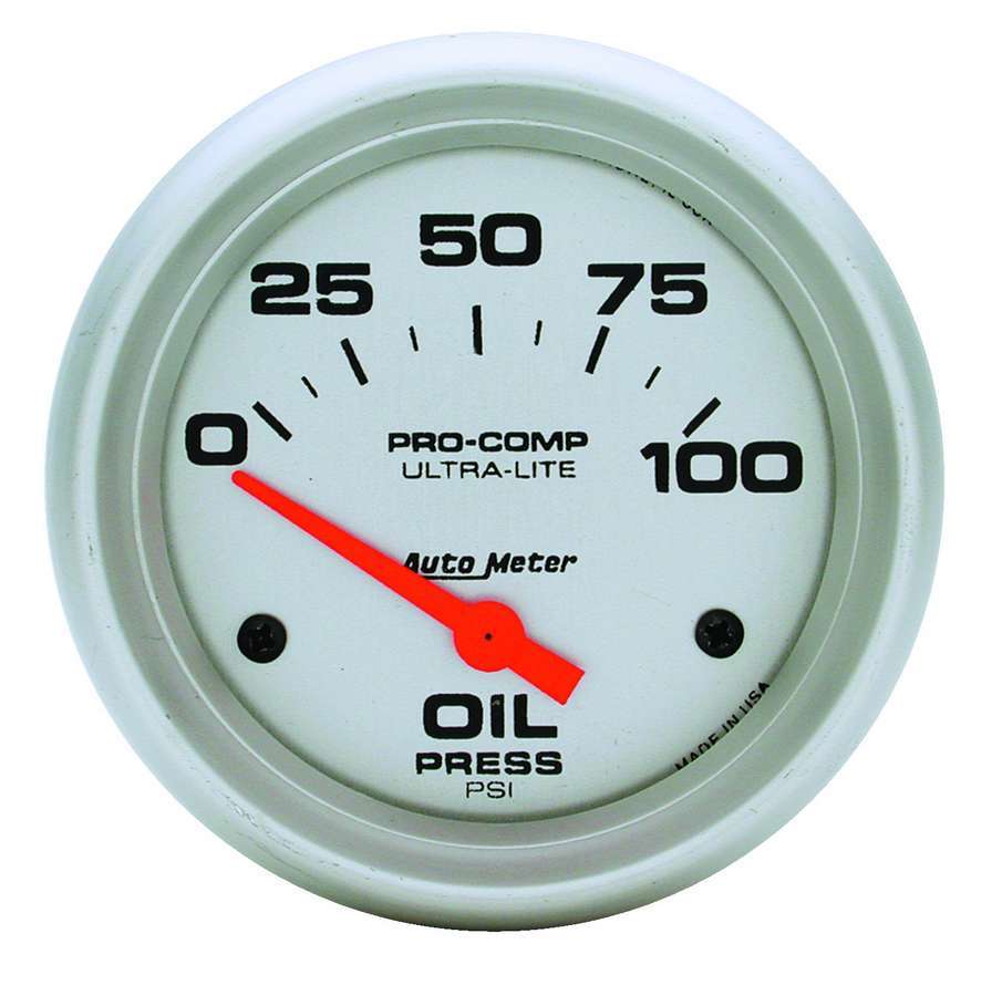 Oil Pressure Gauge - Ultra-Lite - 0-100 psi - Electric - Analog - Short Sweep - 2-5/8 in Diameter - Silver Face - Each