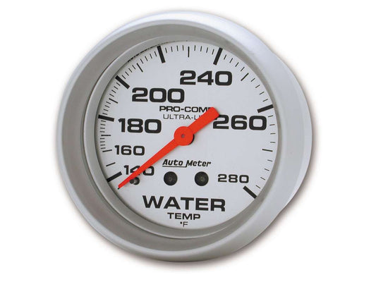 Water Temperature Gauge - Ultra-Lite - 140-280 Degree F - Mechanical - Analog - Full Sweep - 2-5/8 in Diameter - Silver Face - Each