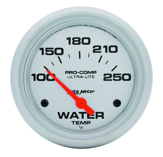 Water Temperature Gauge - Ultra-Lite - 100-250 Degree F - Electric - Analog - Short Sweep - 2-5/8 in Diameter - Silver Face - Each