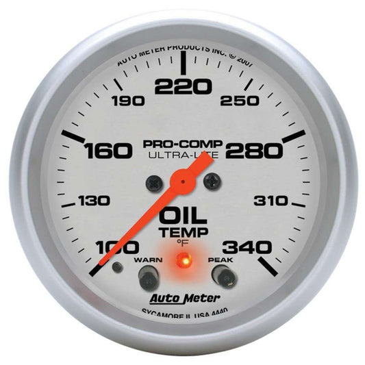 Oil Temperature Gauge - Ultra-Lite - 100-340 Degree F - Electric - Analog - Full Sweep - 2-5/8 in Diameter - Peak and Warn - Silver Face - Each