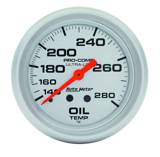 Oil Temperature Gauge - Ultra-Lite - 140-280 Degree F - Mechanical - Analog - Full Sweep - 2-5/8 in Diameter - Silver Face - Each