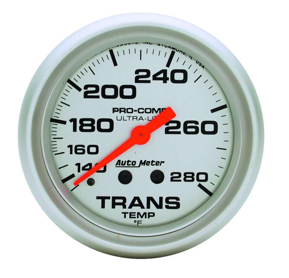 Transmission Temperature Gauge - Ultra-Lite - 140-280 Degree F - Mechanical - Analog - Full Sweep - 2-5/8 in Diameter - Silver Face - Each