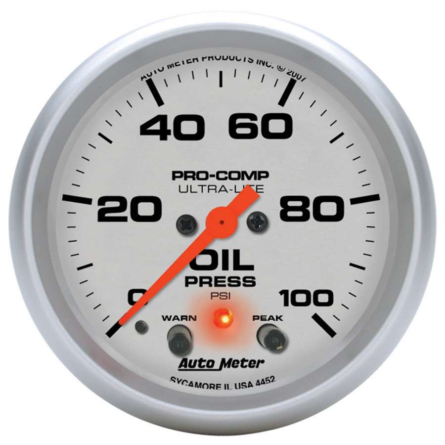 Oil Pressure Gauge - Ultra-Lite - 0-100 psi - Electric - Analog - Full Sweep - 2-5/8 in Diameter - Peak and Warn - Silver Face - Each