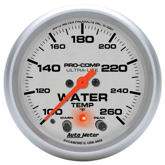 Water Temperature Gauge - Ultra-Lite - 100-260 Degree F - Electric - Analog - Full Sweep - 2-5/8 in Diameter - Peak and Warn - Silver Face - Each