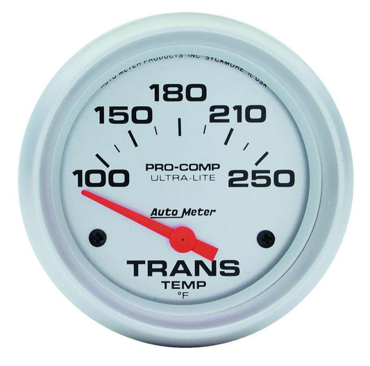 Transmission Temperature Gauge - Ultra-Lite - 100-250 Degree F - Electric - Analog - Short Sweep - 2-5/8 in Diameter - Silver Face - Each