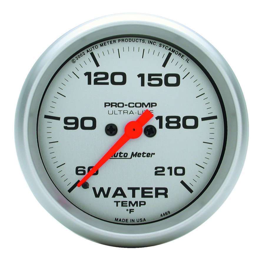 Water Temperature Gauge - Ultra-Lite - 60-210 Degree F - Electric - Analog - Full Sweep - 2-5/8 in Diameter - Silver Face - Each