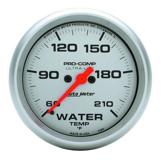 Water Temperature Gauge - Ultra-Lite - 60-210 Degree F - Electric - Analog - Full Sweep - 2-5/8 in Diameter - Silver Face - Each