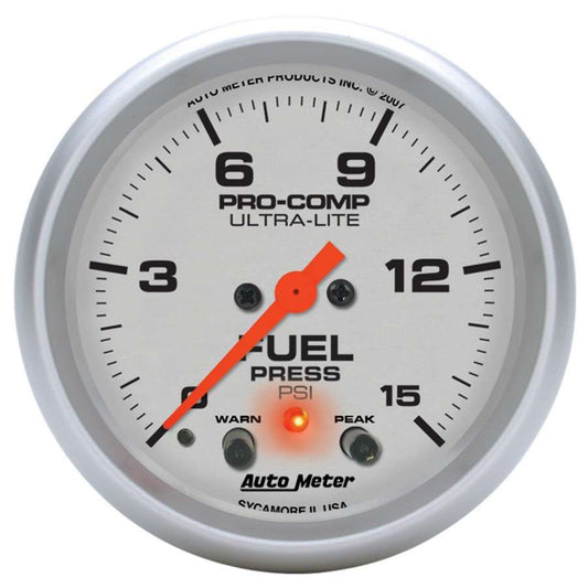 Fuel Pressure Gauge - Ultra-Lite - 0-15 psi - Electric - Analog - Full Sweep - 2-5/8 in Diameter - Peak and Warn - Silver Face - Each