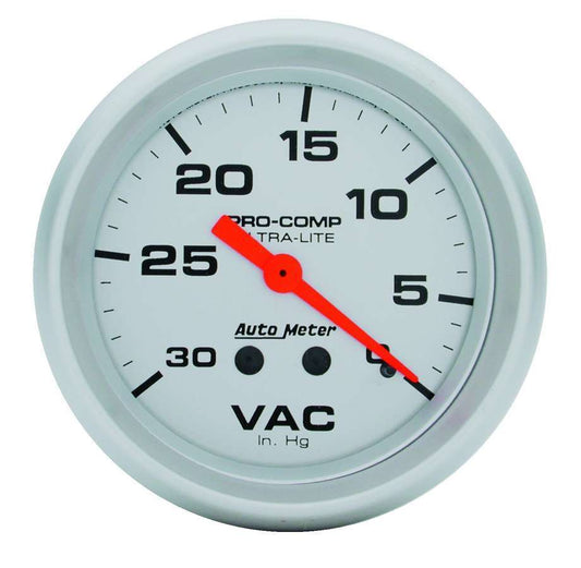 Vacuum Gauge - Ultra-Lite - 0-30 in HG - Mechanical - Analog - 2-5/8 in Diameter - Silver Face - Each