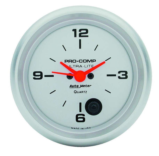 Clock Gauge - Ultra-Lite - Electric - Analog - 2-5/8 in Diameter - Silver Face - Each
