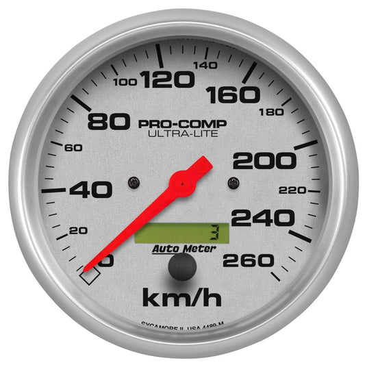 Speedometer - Ultra-Lite - 260 KPH - Electric - Analog - 5 in Diameter - Programmable - Silver Face - Each