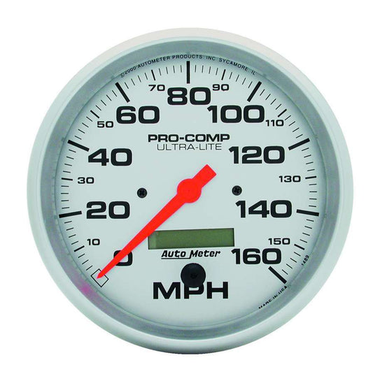 Speedometer - Ultra-Lite - 160 MPH - Electric - Analog - 5 in Diameter - Programmable - Silver Face - Each
