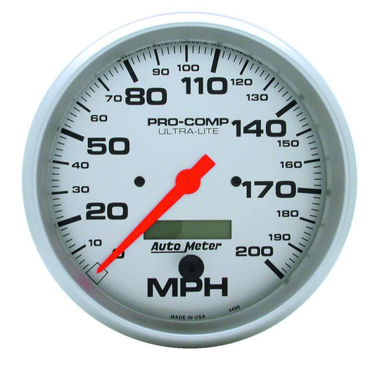 Speedometer - Ultra-Lite - 200 MPH - Electric - Analog - 5 in Diameter - Programmable - Silver Face - Each