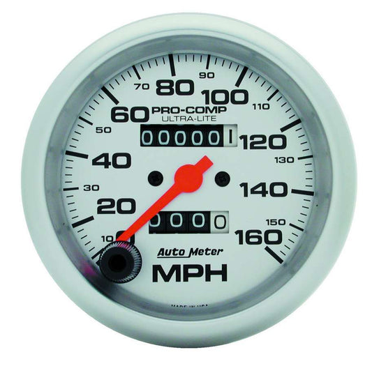 Speedometer - Ultra-Lite - 160 MPH - Mechanical - Analog - 3-3/8 in Diameter - Silver Face - Each
