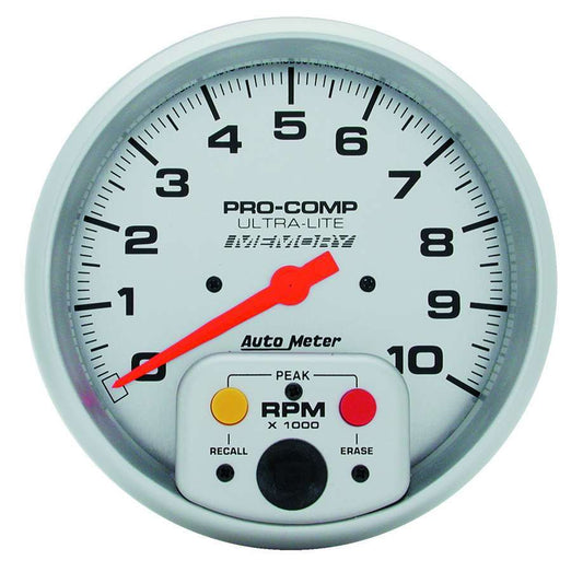Tachometer - Ultra-Lite - 10000 RPM - Electric - Analog - 5 in Diameter - Memory - Dash Mount - Silver Face - Each