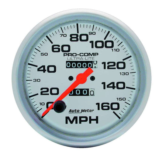 Speedometer - Ultra-Lite - 160 MPH - Mechanical - Analog - 5 in Diameter - Silver Face - Each