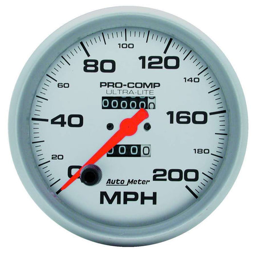 Speedometer - Ultra-Lite - 200 MPH - Mechanical - Analog - 5 in Diameter - Silver Face - Each