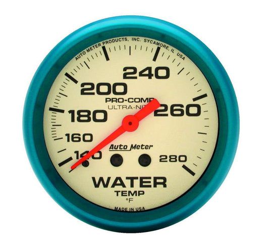 Water Temperature Gauge - Ultra-Nite - 140-280 Degree F - Mechanical - Analog - Full Sweep - 2-5/8 in Diameter - White Face - Each