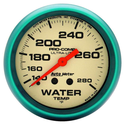 Water Temperature Gauge - Ultra-Nite - 140-280 Degree F - Mechanical - Analog - Full Sweep - 2-5/8 in Diameter - White Face - Each