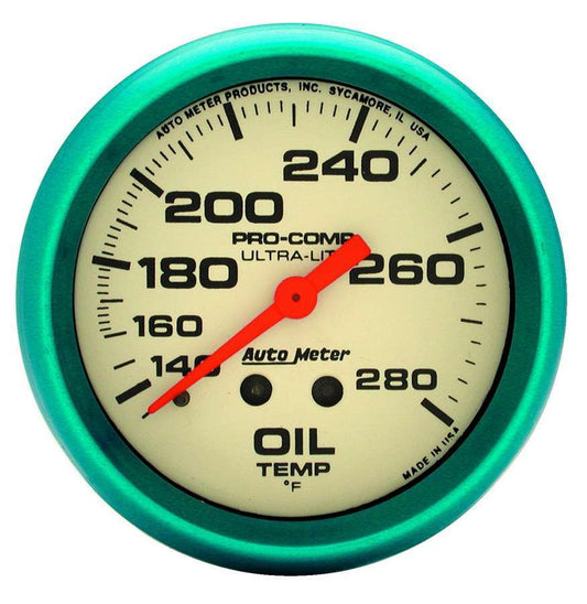 Oil Temperature Gauge - Ultra-Nite - 140-280 Degree F - Mechanical - Analog - Full Sweep - 2-5/8 in Diameter - White Face - Each