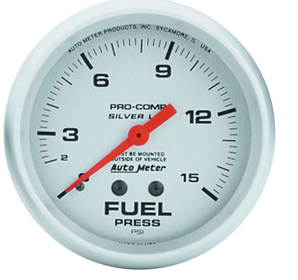 Fuel Pressure Gauge - Ultra-Lite - 0-15 psi - Mechanical - Analog - Full Sweep - 2-5/8 in Diameter - Liquid Filled - Silver Face - Each