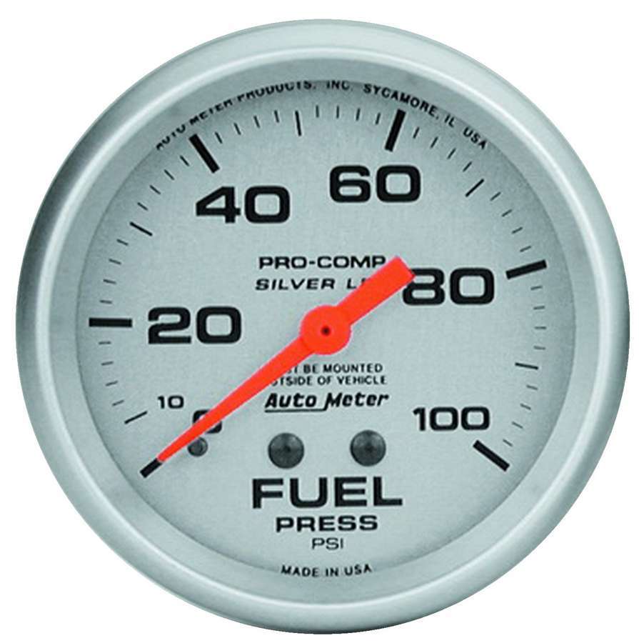 Fuel Pressure Gauge - Ultra-Lite - 0-100 psi - Mechanical - Analog - Full Sweep - 2-5/8 in Diameter - Liquid Filled - Silver Face - Each