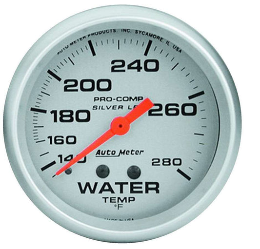 Water Temperature Gauge - Ultra-Lite - 140-280 Degree F - Mechanical - Analog - Full Sweep - 2-5/8 in Diameter - Liquid Filled - Silver Face - Each