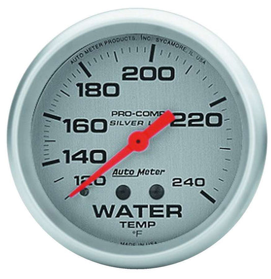 Water Temperature Gauge - Ultra-Lite - 120-240 Degree F - Mechanical - Analog - Full Sweep - 2-5/8 in Diameter - Liquid Filled - Silver Face - Each