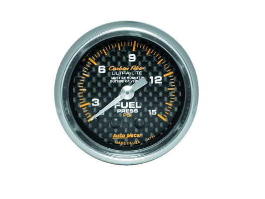 Fuel Pressure Gauge - Carbon Fiber - 0-15 psi - Mechanical - Analog - Full Sweep - 2-1/16 in Diameter - Carbon Fiber Look Face - Each