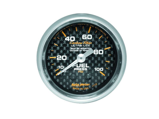 Fuel Pressure Gauge - Carbon Fiber - 0-100 psi - Mechanical - Analog - Full Sweep - 2-1/16 in Diameter - Carbon Fiber Look Face - Each