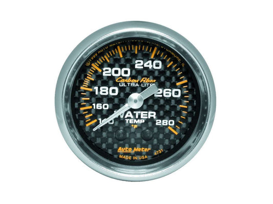 Water Temperature Gauge - Carbon Fiber - 140-280 Degree F - Mechanical - Analog - Full Sweep - 2-1/16 in Diameter - Carbon Fiber Look Face - Each