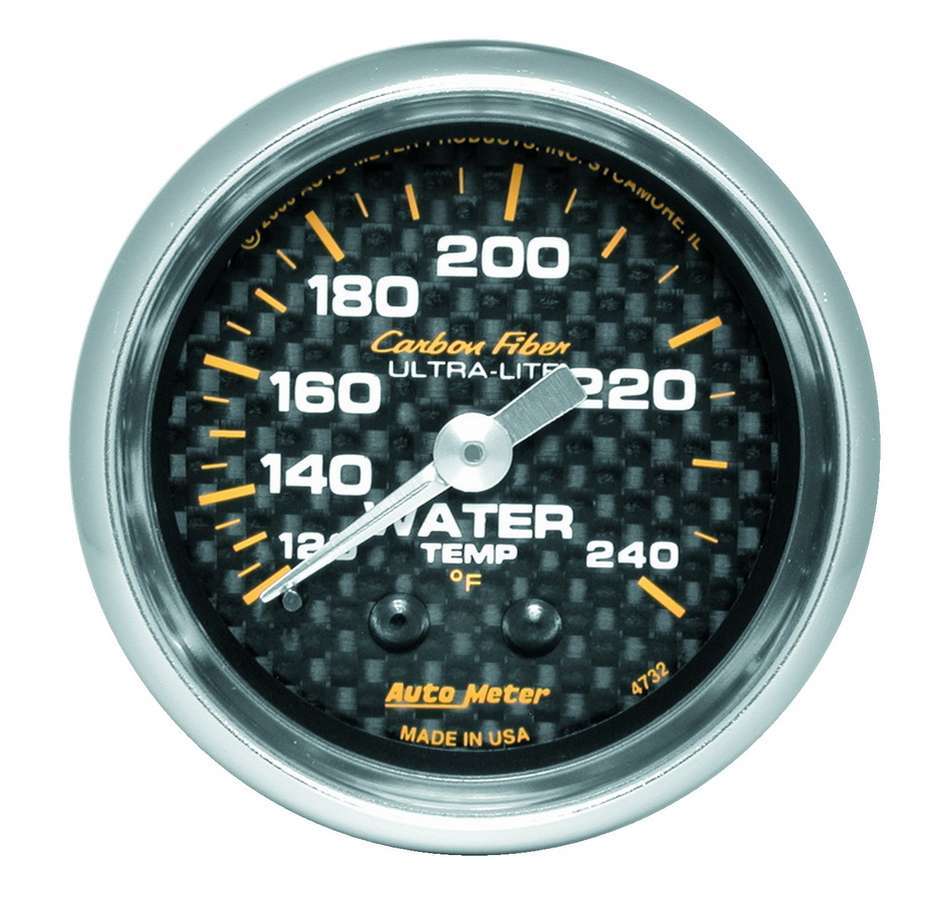 Water Temperature Gauge - Carbon Fiber - 120-240 Degree F - Mechanical - Analog - Full Sweep - 2-1/16 in Diameter - Carbon Fiber Look Face - Each