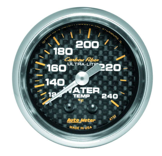 Water Temperature Gauge - Carbon Fiber - 120-240 Degree F - Mechanical - Analog - Full Sweep - 2-1/16 in Diameter - Carbon Fiber Look Face - Each
