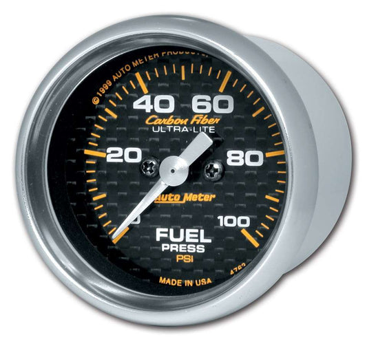 Fuel Pressure Gauge - Carbon Fiber - 0-100 psi - Electric - Analog - Full Sweep - 2-1/16 in Diameter - Carbon Fiber Look Face - Each